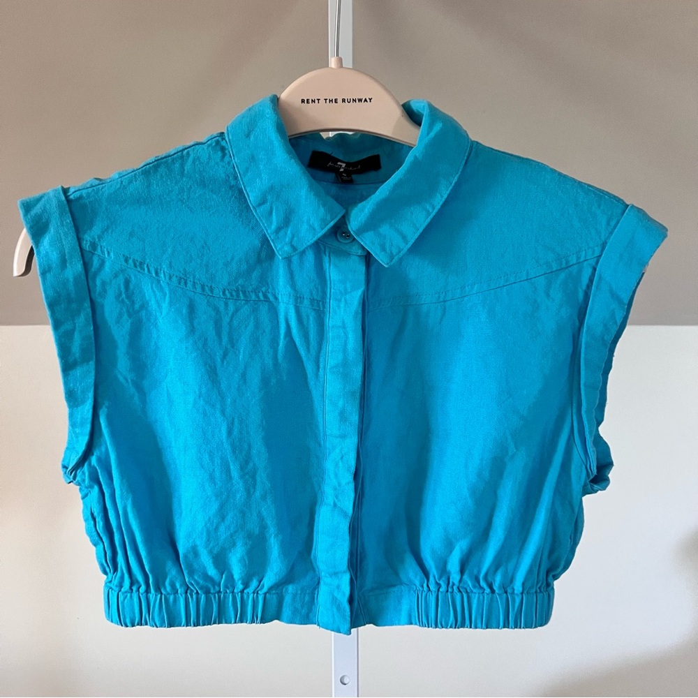 7 For All Mankind Turquoise Blue Linen-Blend Crop Top Button Down Small